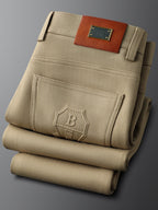 Herringbone Tailored Trousers Tonal Crest Embroidery Leather Patch – Birch