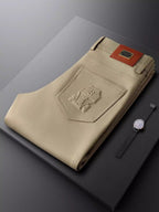 Herringbone Tailored Trousers Tonal Crest Embroidery Leather Patch – Birch