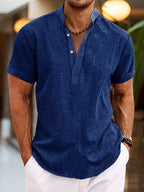Men's Henley Short Sleeve Shirt Textured Woven Button Placket – Tallo