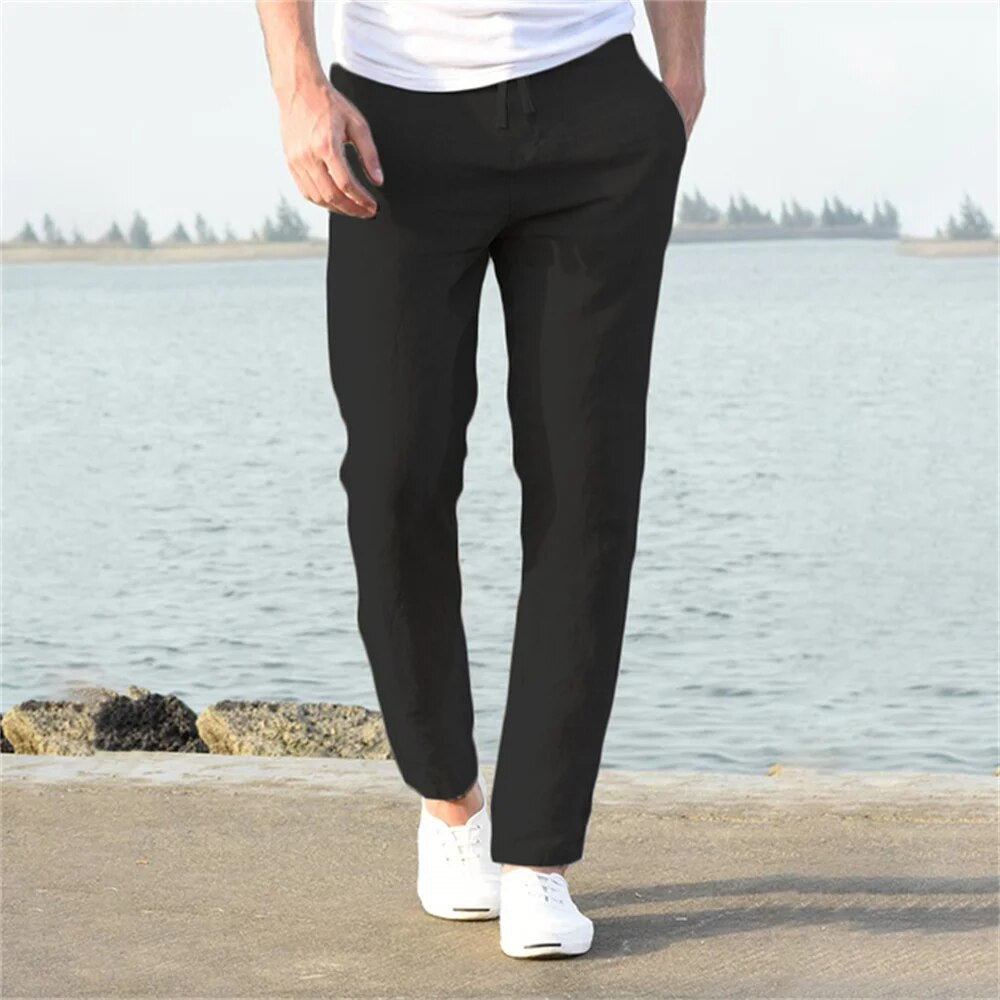 Linen Pants Men Drawstring Waist Tapered Leg