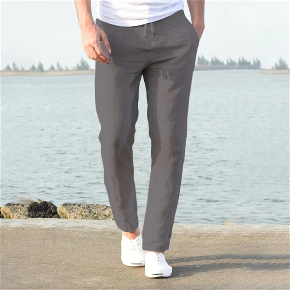 Linen Pants Men Drawstring Waist Tapered Leg