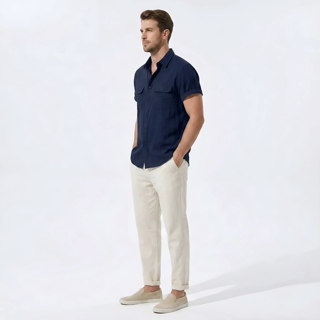 Model wearing navy linen utility shirt and linen pants set – TARLANO