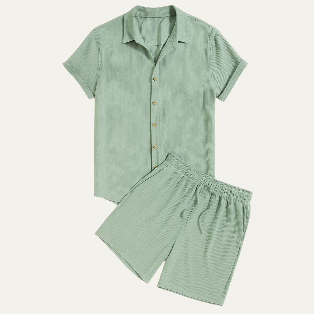 Model wearing linen camp collar shirt and shorts set in green – TARLANO