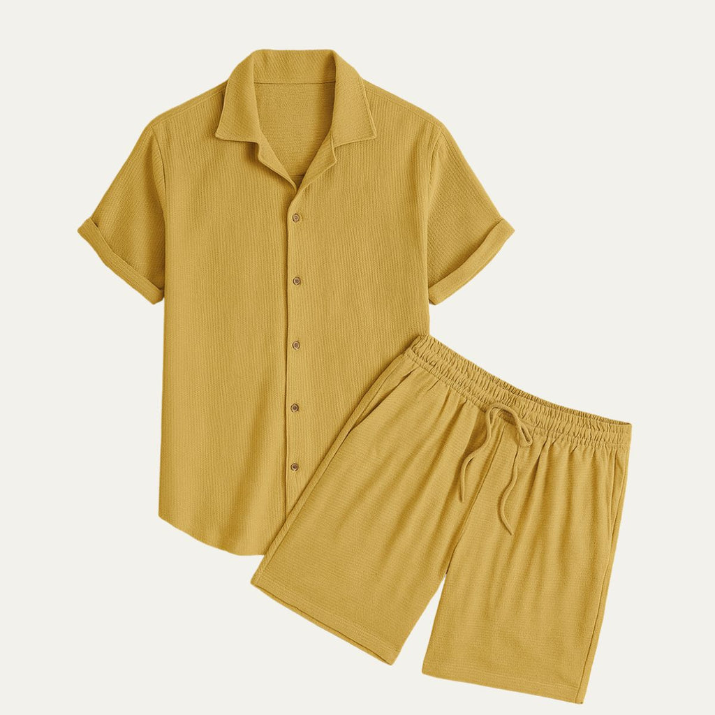 Linen Shirt Men Camp Collar Shorts Set Ribbed Weave
