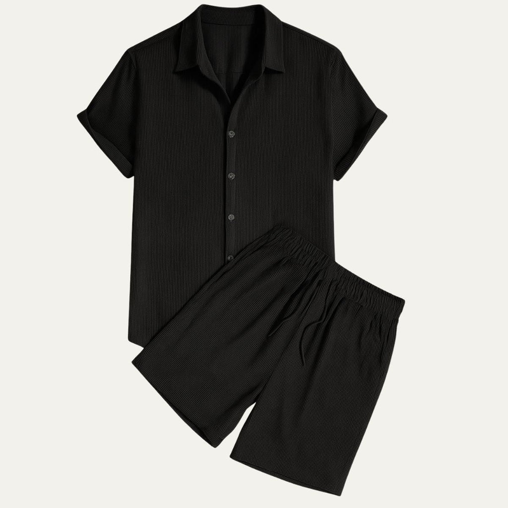 Linen Shirt Men Camp Collar Shorts Set Ribbed Weave