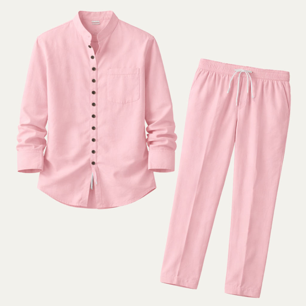 Band collar linen shirt and trousers set in light pink – TARLANO