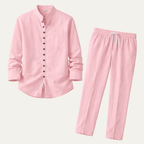 Band collar linen shirt and trousers set in light pink – TARLANO