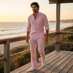Linen Shirt Men Long Sleeve and Trousers Set Band Collar – Warvex