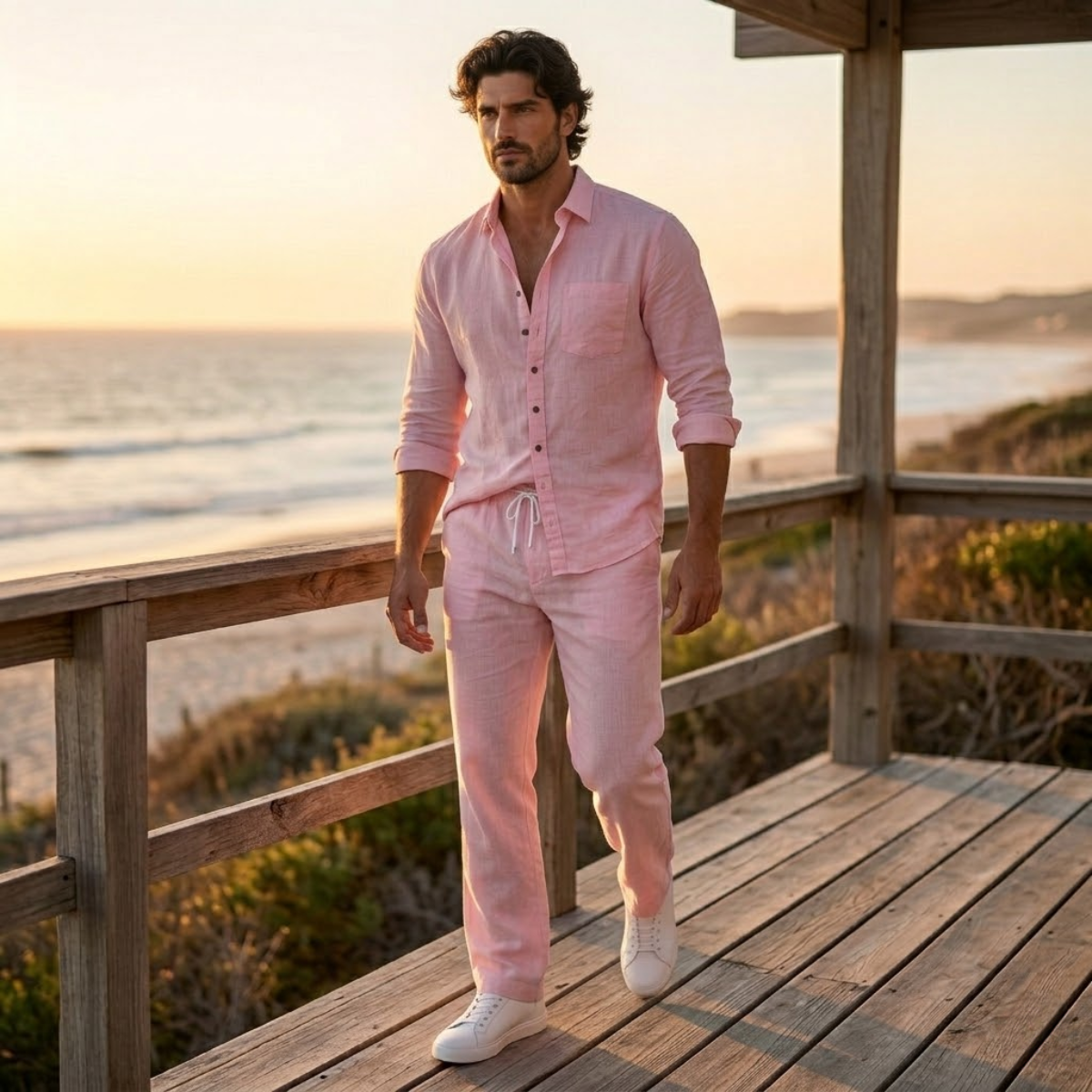 Linen Shirt Men Long Sleeve and Trousers Set Band Collar – Warvex