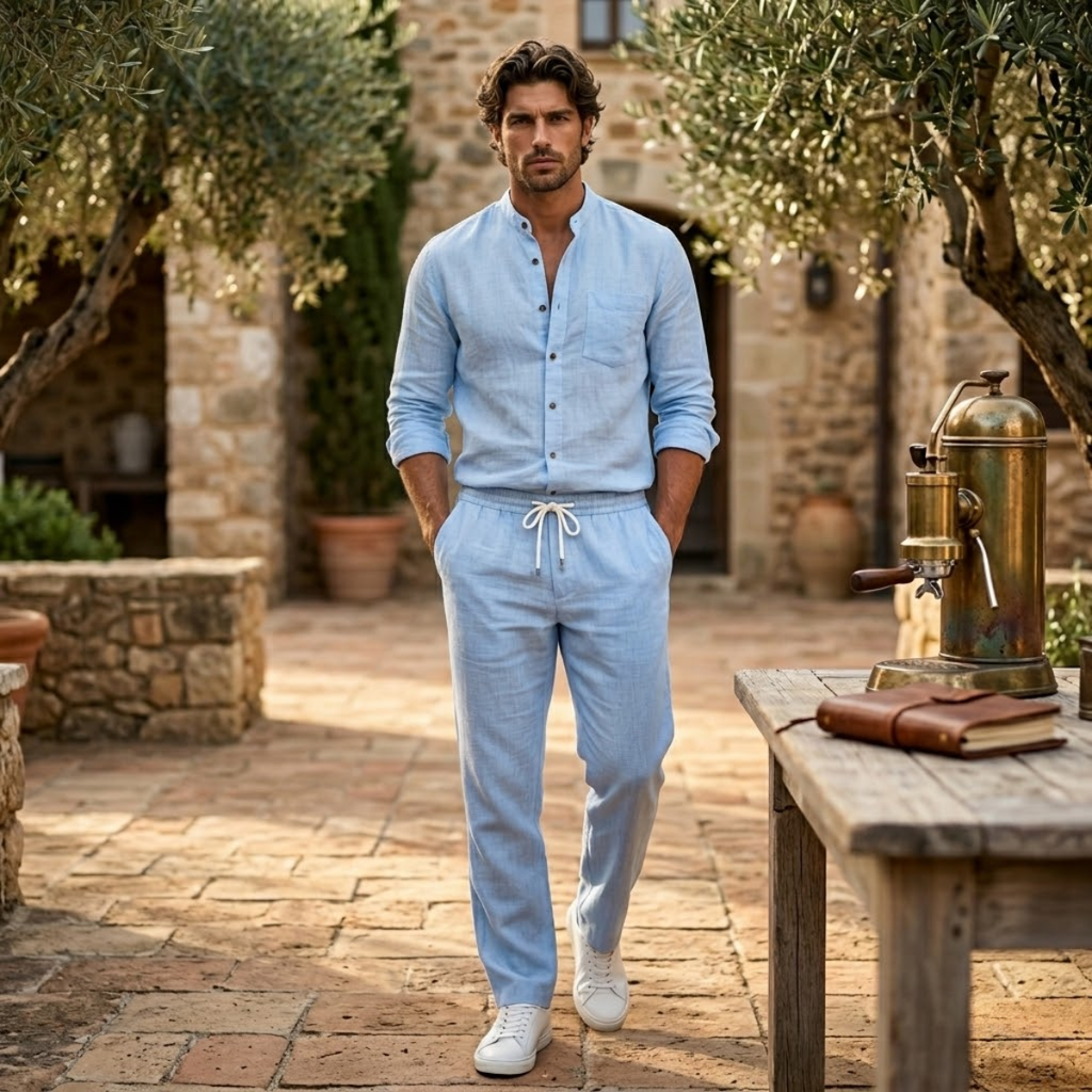 Linen Shirt Men Long Sleeve and Trousers Set Band Collar – Warvex