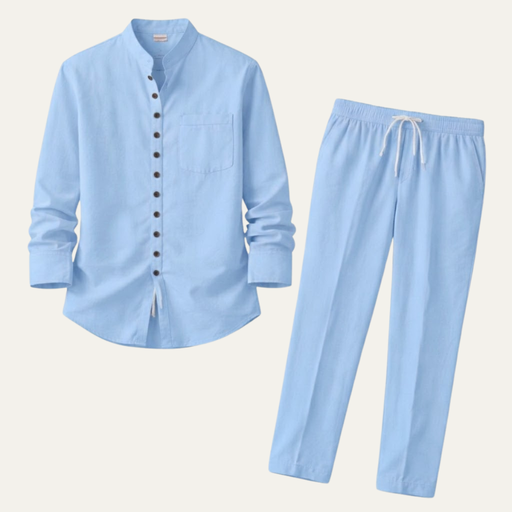 Linen Shirt Men Long Sleeve and Trousers Set Band Collar – Warvex