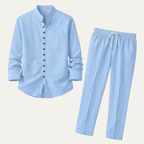 Linen Shirt Men Long Sleeve and Trousers Set Band Collar – Warvex