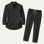 Linen Shirt Men Long Sleeve and Trousers Set Band Collar – Warvex