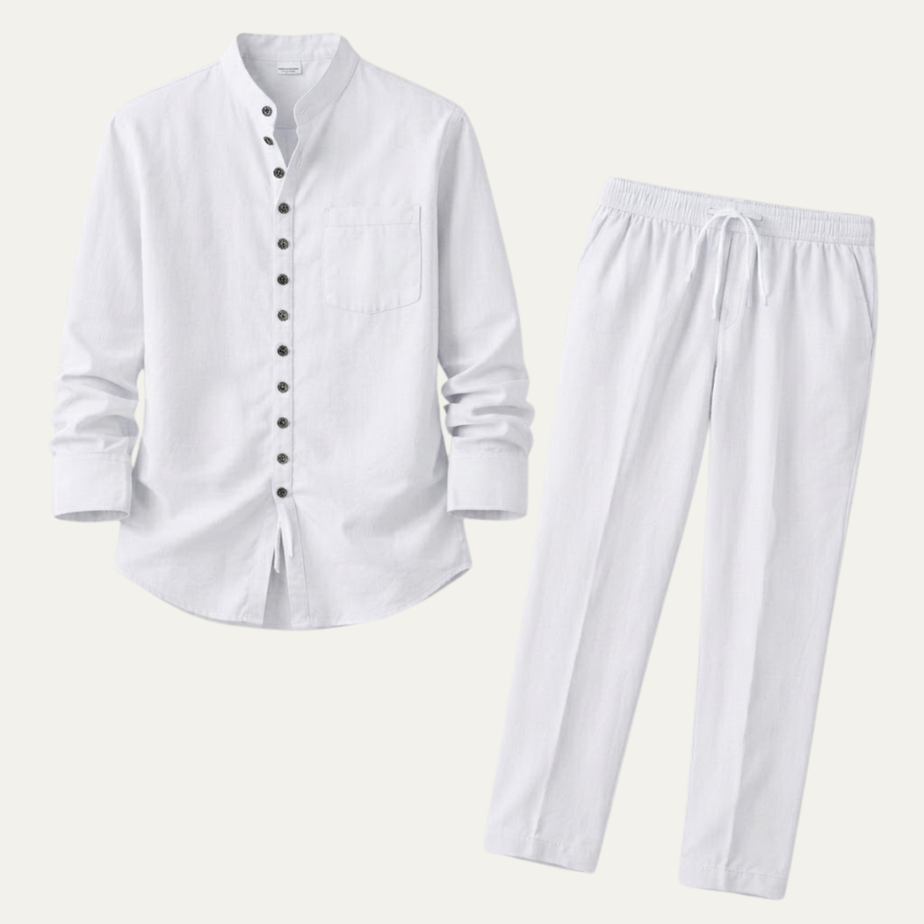 Linen Shirt Men Long Sleeve and Trousers Set Band Collar – Warvex