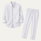 Linen Shirt Men Long Sleeve and Trousers Set Band Collar – Warvex