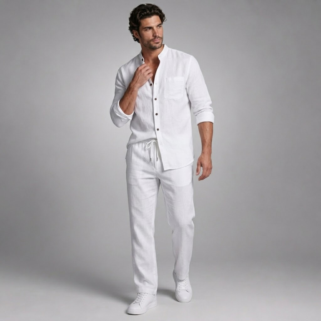 Linen Shirt Men Long Sleeve and Trousers Set Band Collar – Warvex
