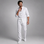 Linen Shirt Men Long Sleeve and Trousers Set Band Collar – Warvex