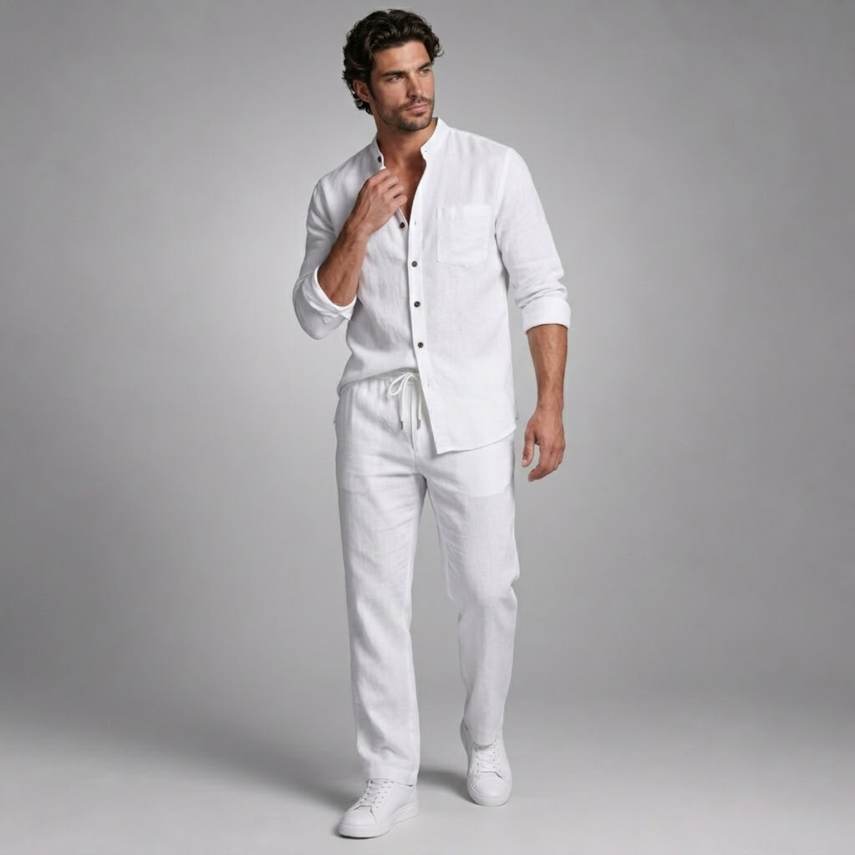 Linen Shirt Men Long Sleeve and Trousers Set Band Collar – Warvex