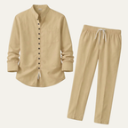Linen Shirt Men Long Sleeve and Trousers Set Band Collar – Warvex