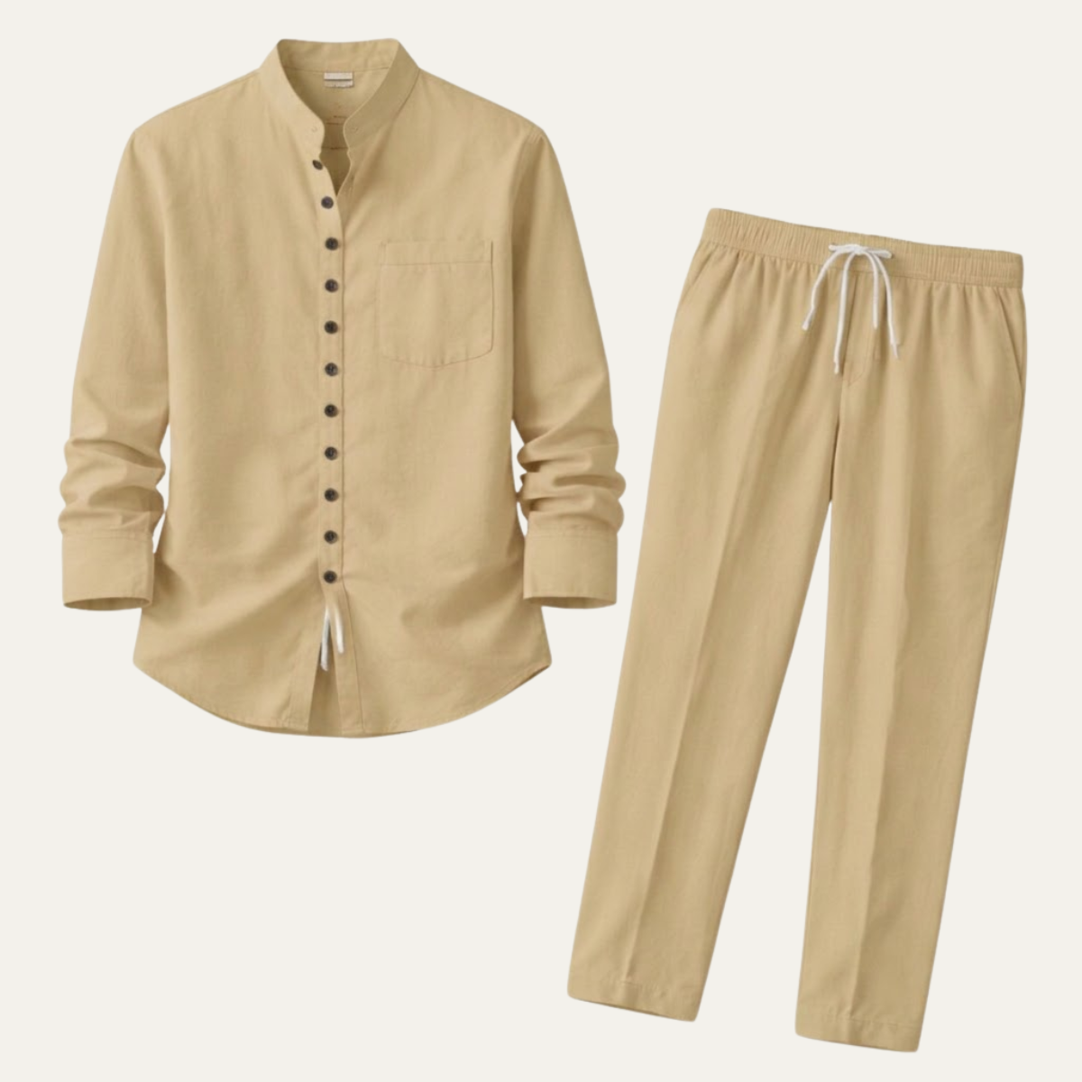 Linen Shirt Men Long Sleeve and Trousers Set Band Collar – Warvex