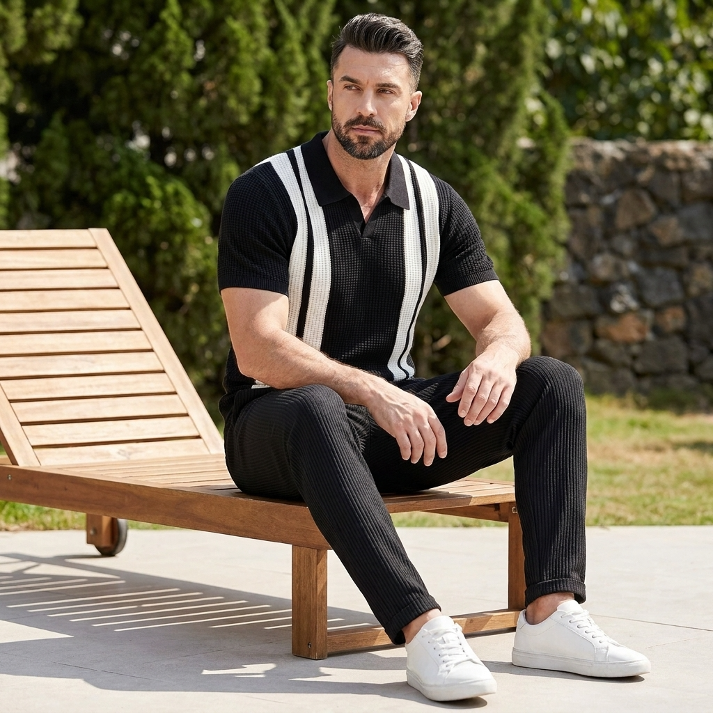 Mens Pant & Striped Knit Polo Set Waffle Drawstring – Vaxo