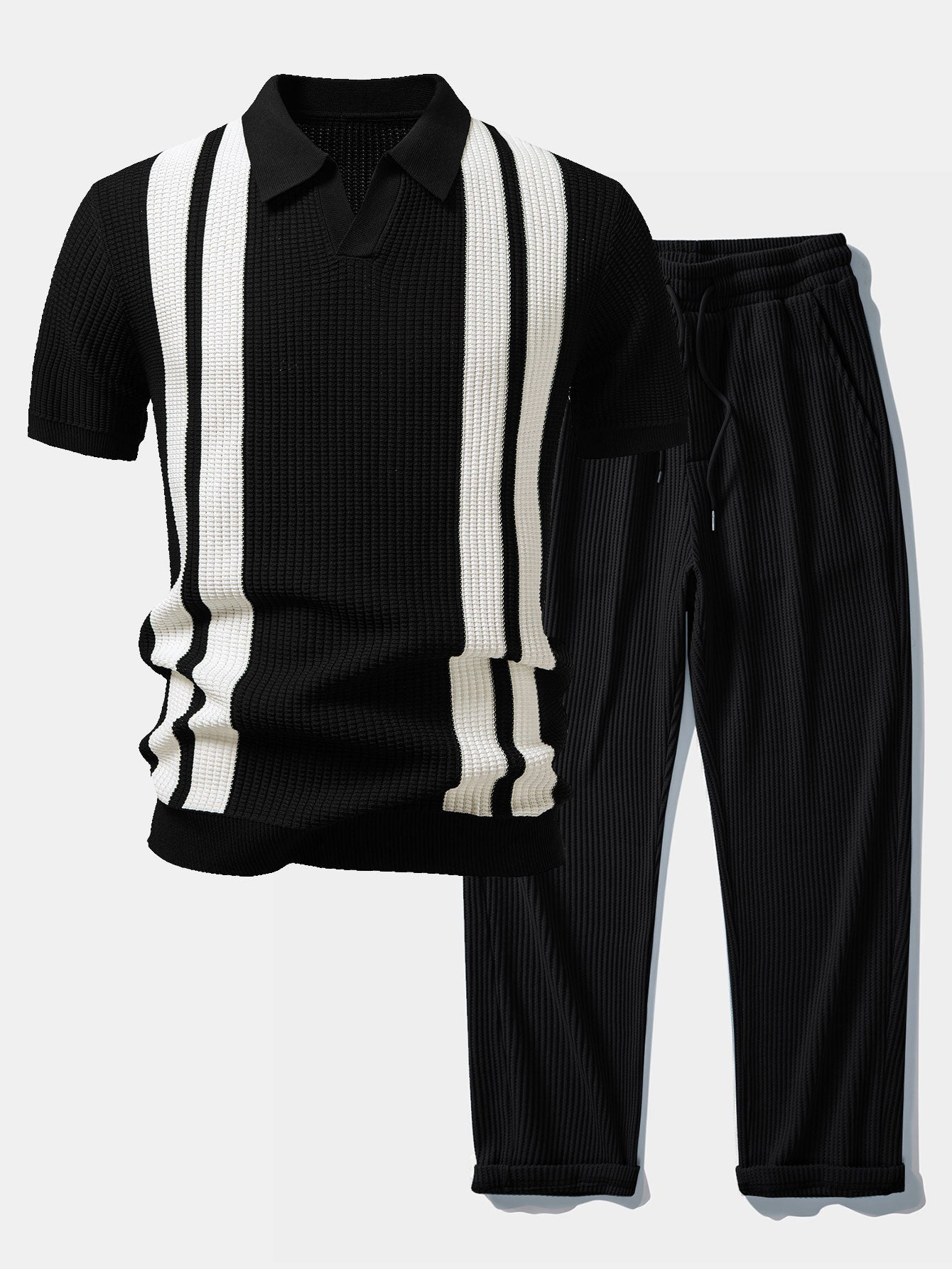 Mens Pant & Striped Knit Polo Set Waffle Drawstring – Vaxo