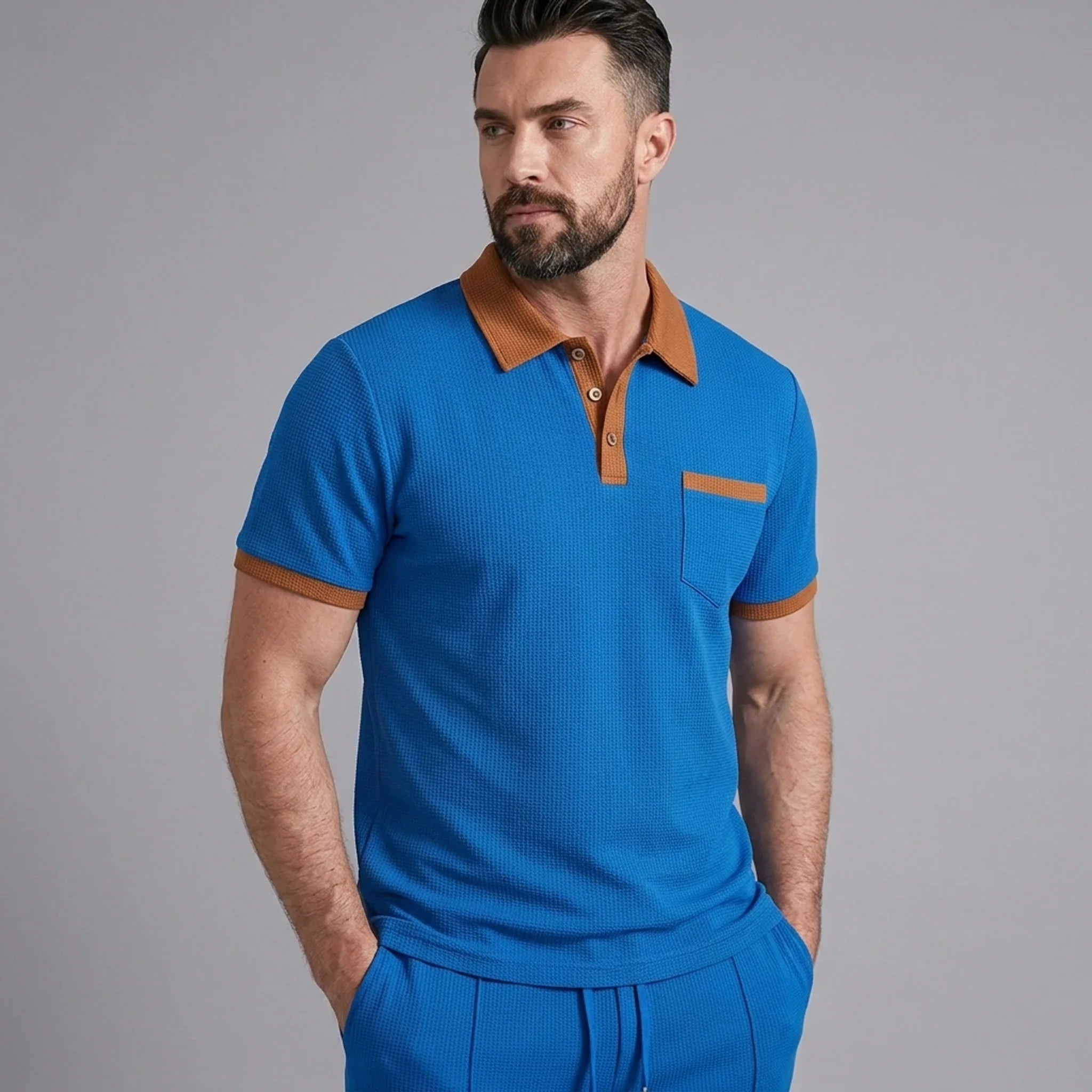 Mens Pant & Polo Waffle Knit 2-Piece Set Straight Leg – Borten