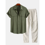 Linen Pants Men Utility Shirt Set 2-Piece Smart Casual – Raxo