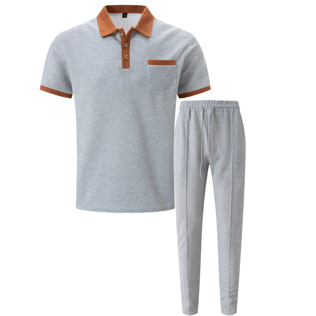 Mens Pant & Polo Waffle Knit 2-Piece Set Straight Leg – Borten