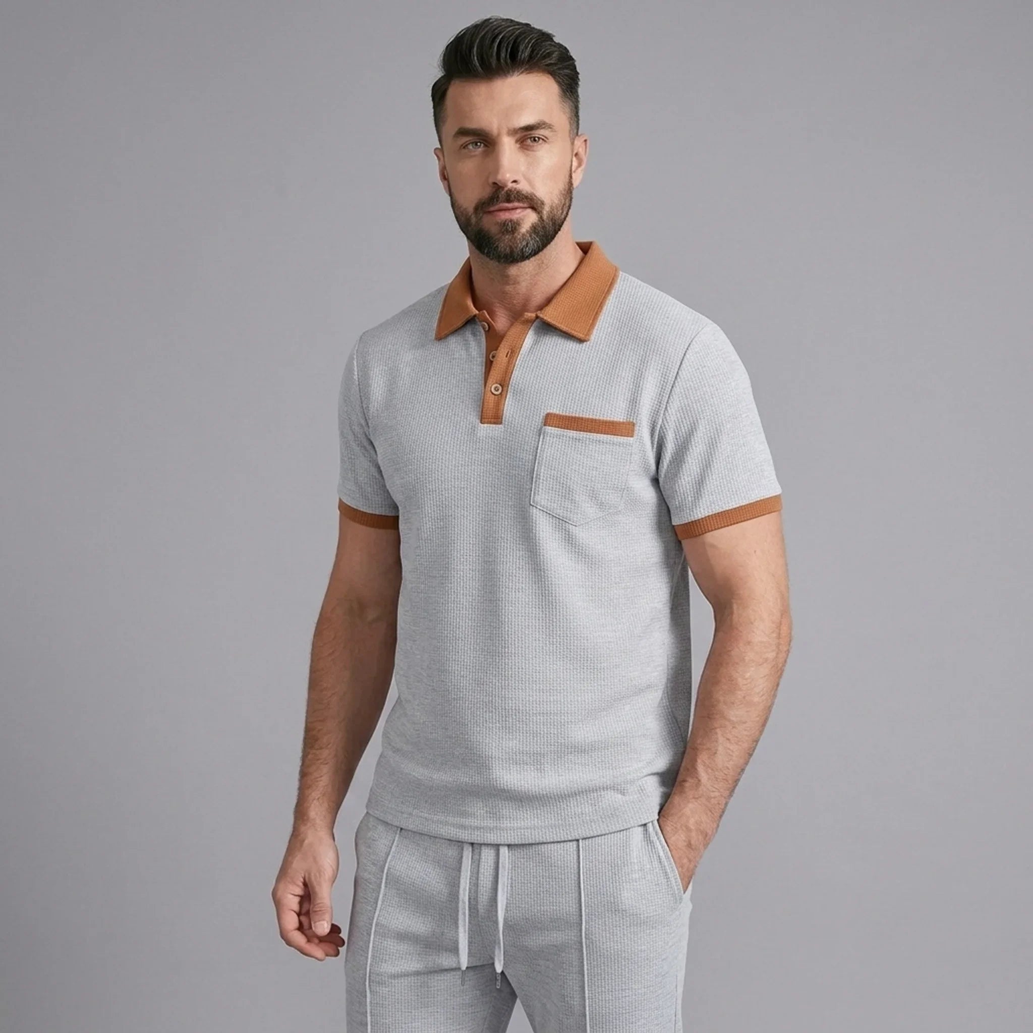 Mens Pant & Polo Waffle Knit 2-Piece Set Straight Leg – Borten