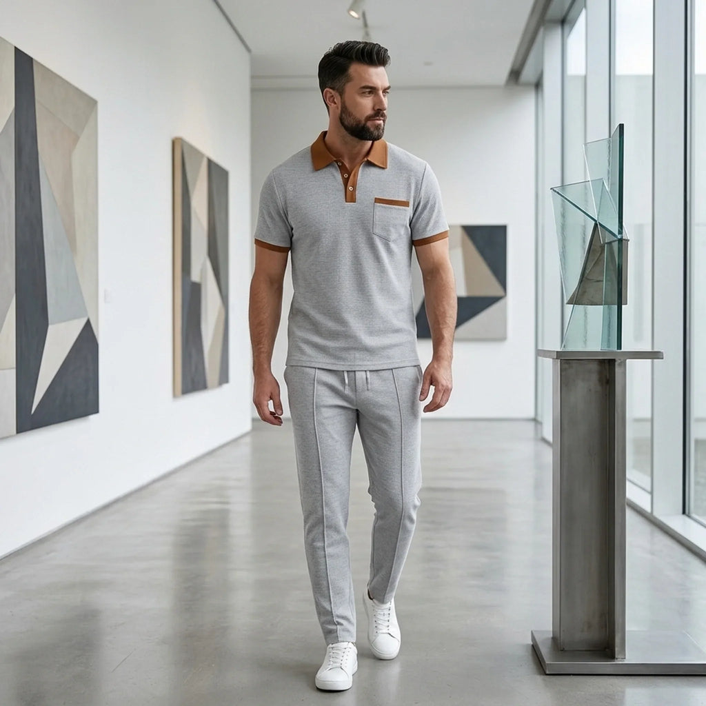 Mens Pant & Polo Waffle Knit 2-Piece Set Straight Leg – Borten