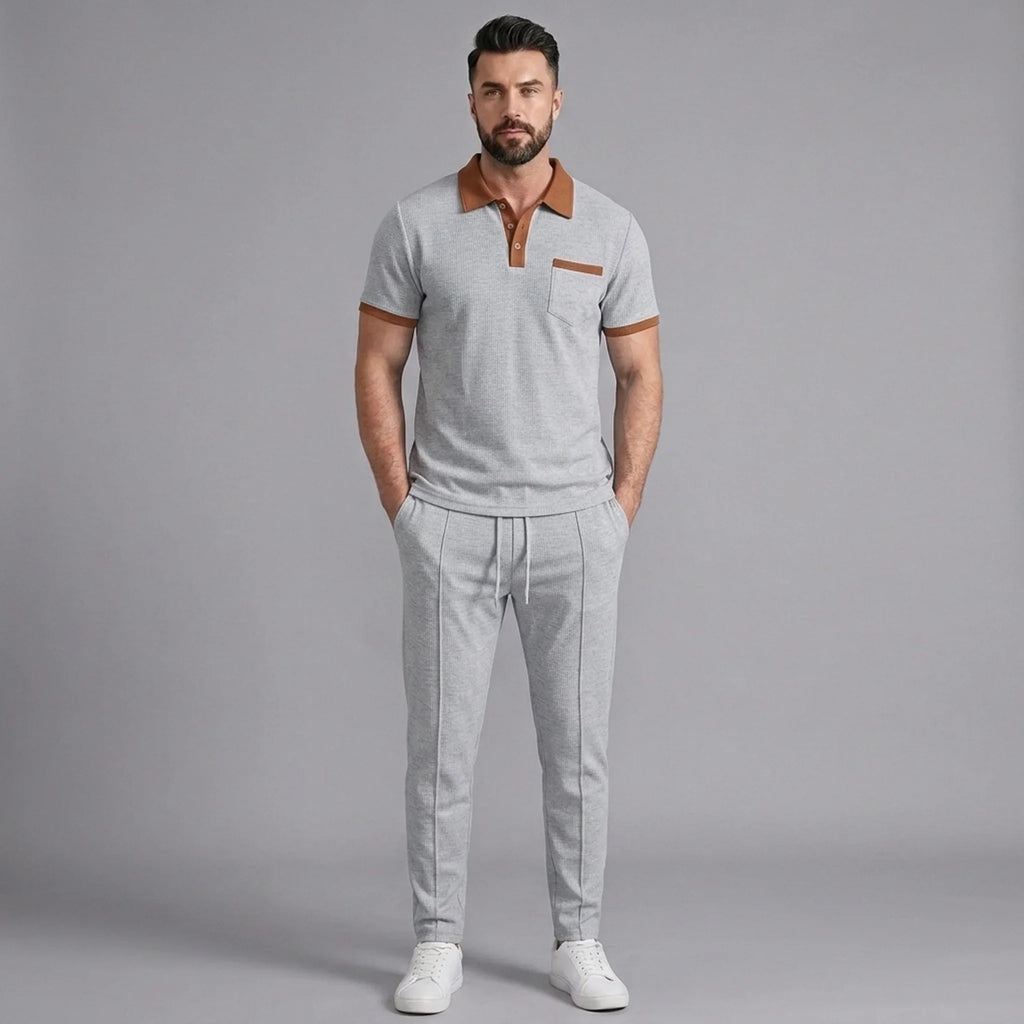 Mens Pant & Polo Waffle Knit 2-Piece Set Straight Leg – Borten