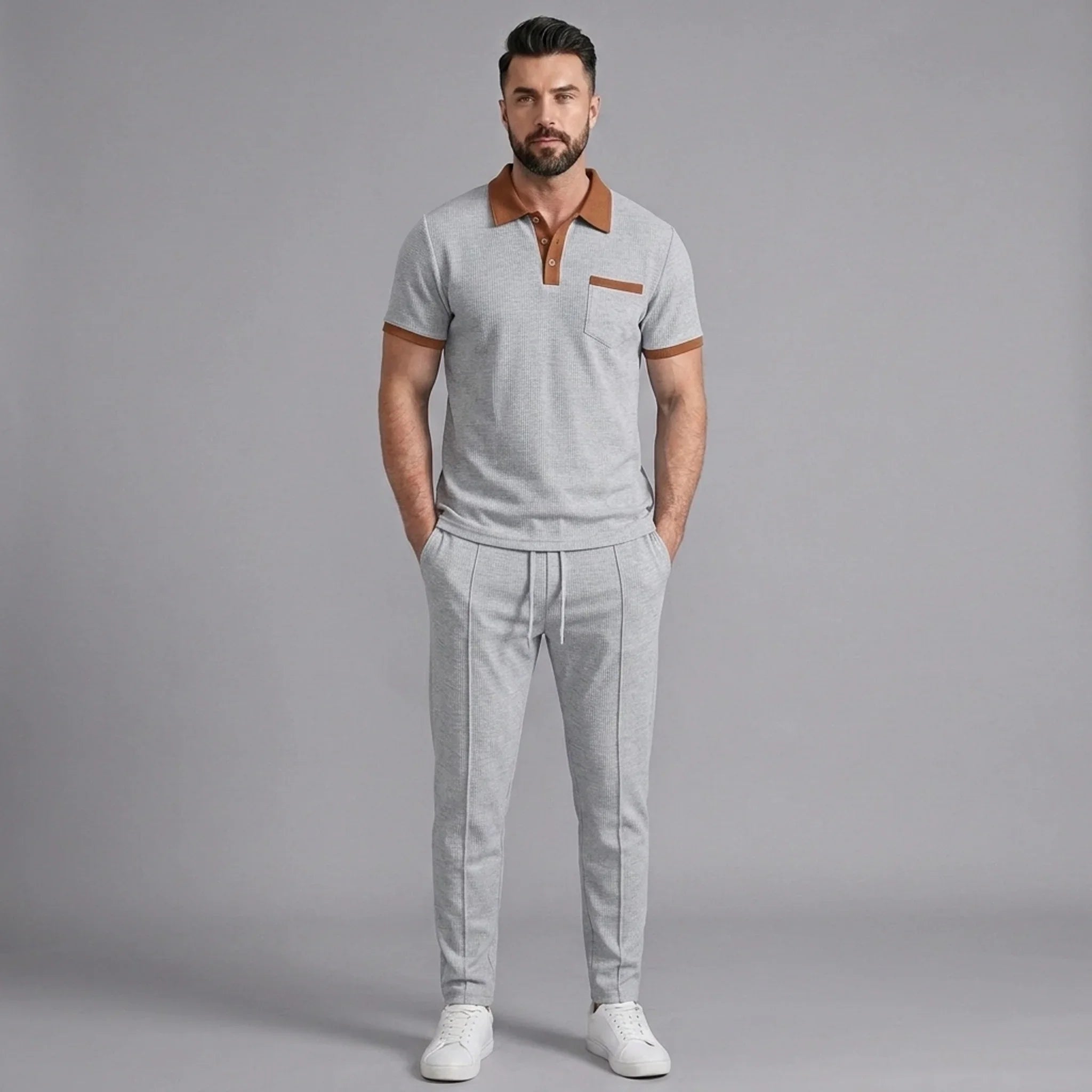Mens Pant & Polo Waffle Knit 2-Piece Set Straight Leg – Borten