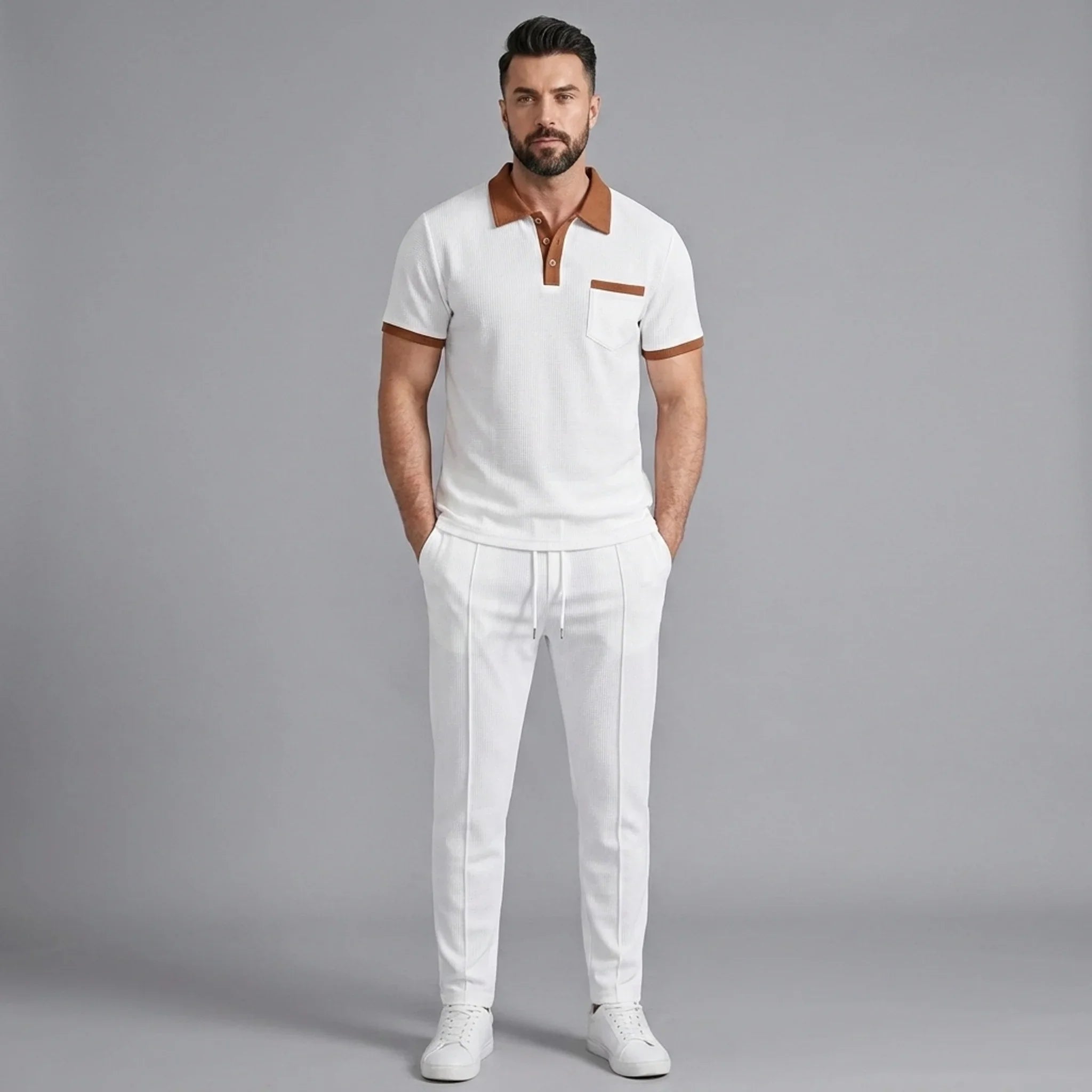 Mens Pant & Polo Waffle Knit 2-Piece Set Straight Leg – Borten