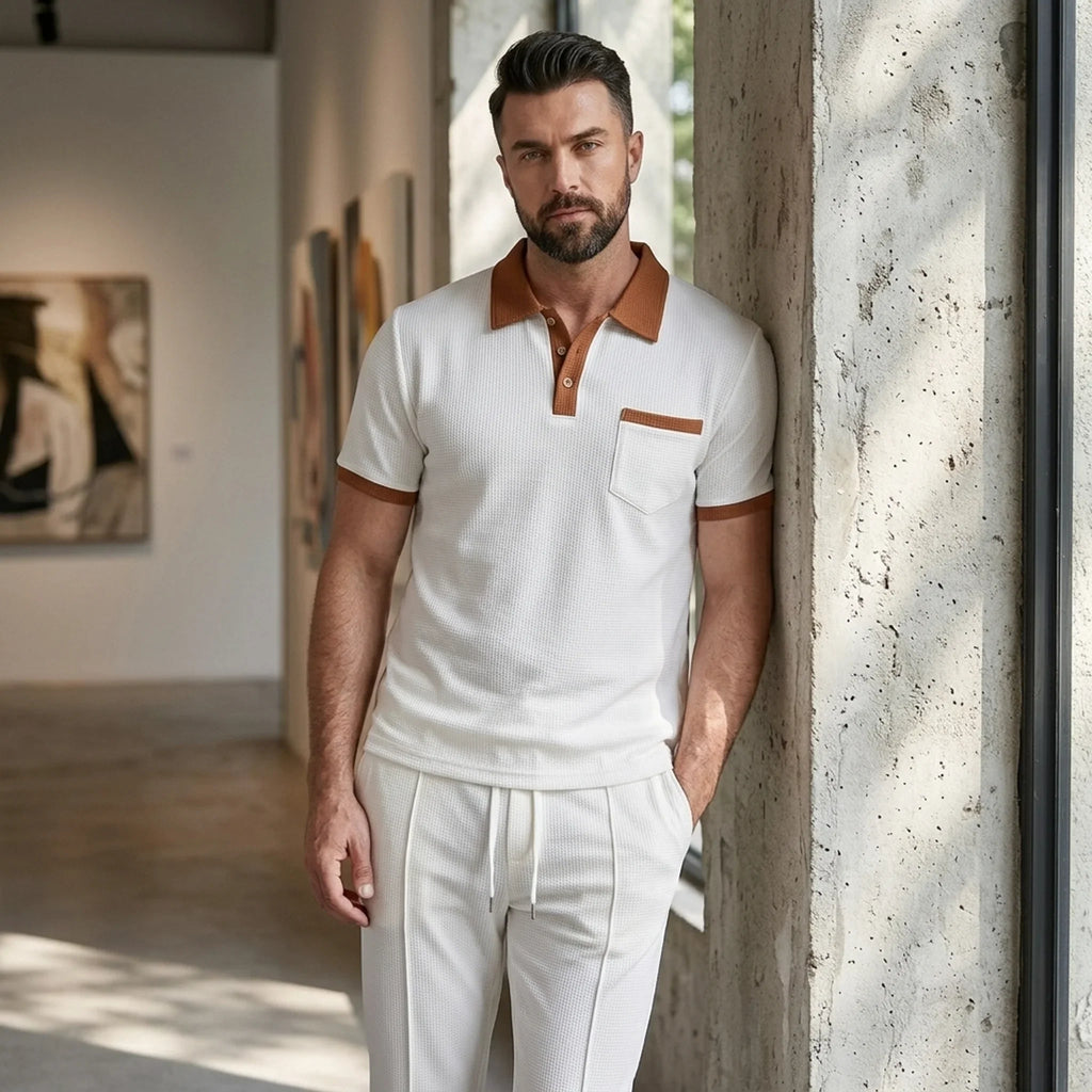 Mens Pant & Polo Waffle Knit 2-Piece Set Straight Leg – Borten