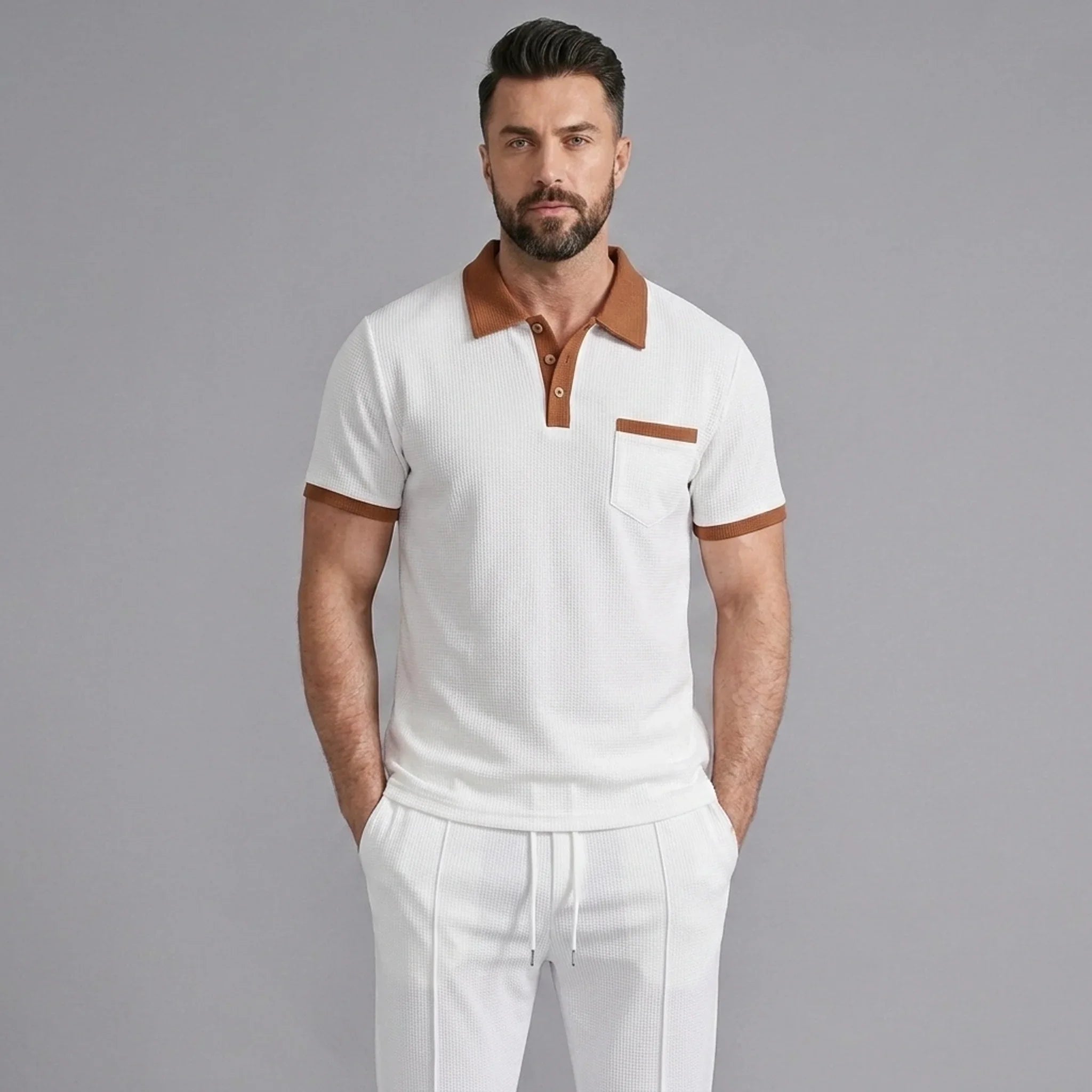 Mens Pant & Polo Waffle Knit 2-Piece Set Straight Leg – Borten