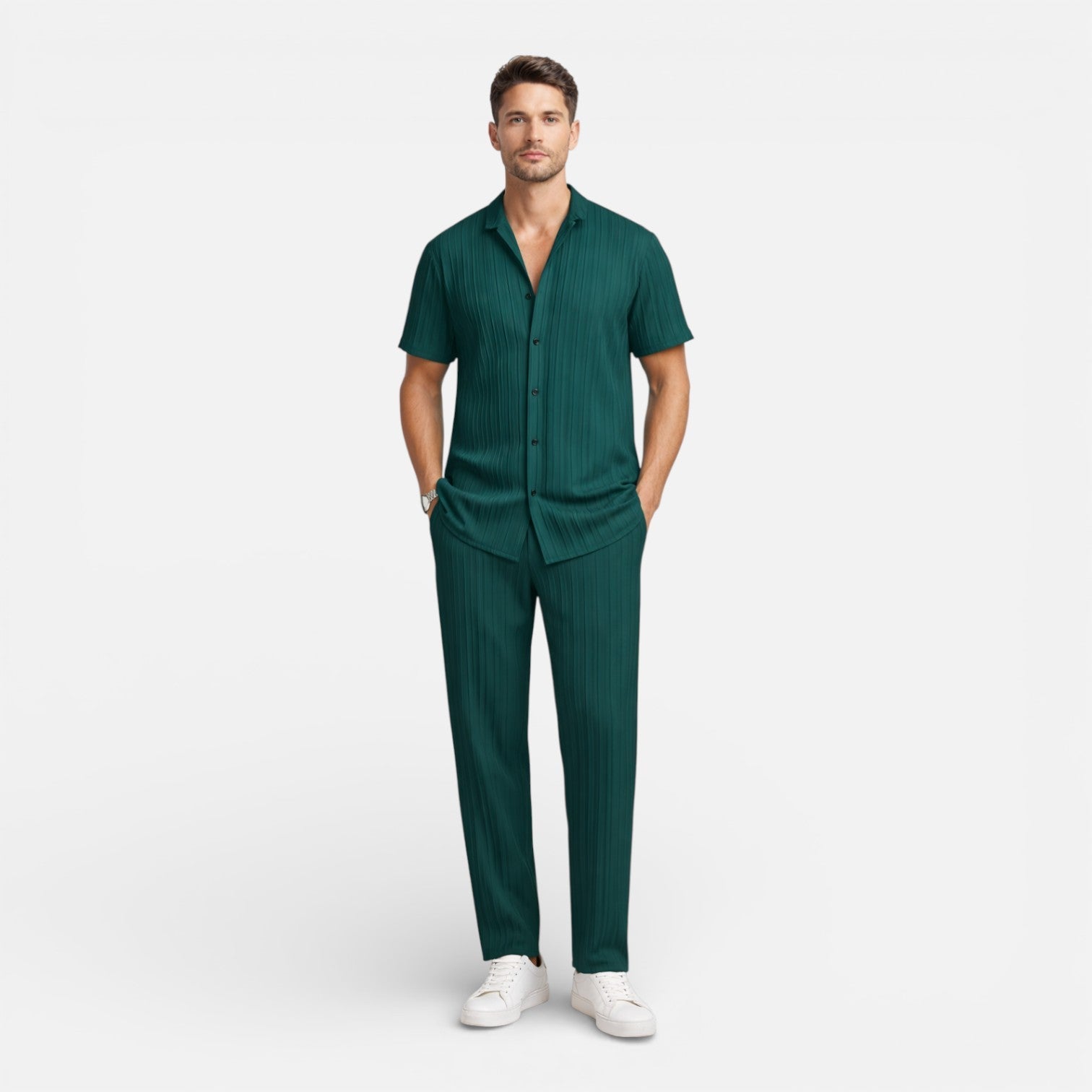 Ribbed two-piece matching set shirt and drawstring trousers – TARLANO