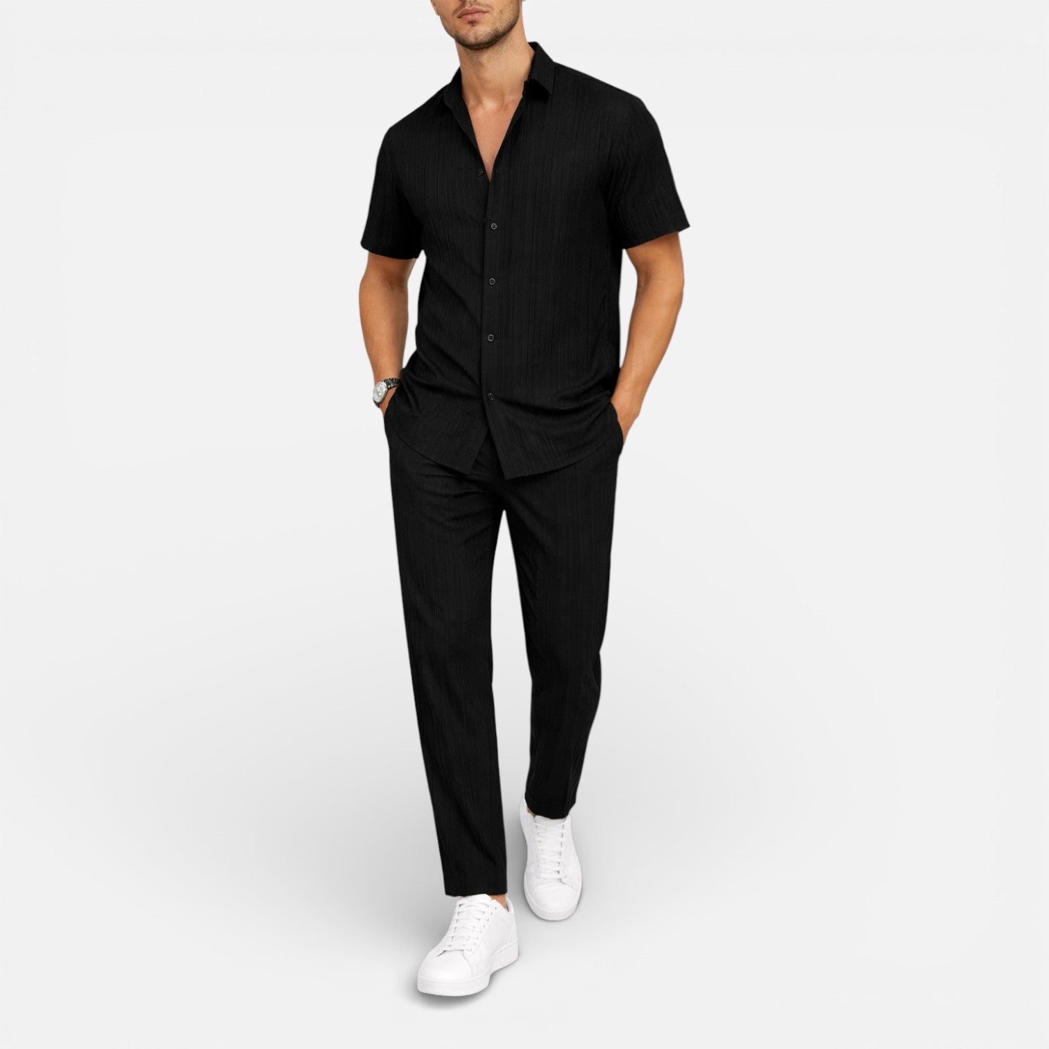 Matching Set Men Ribbed Short Sleeve Shirt Drawstring Trousers – Narvel