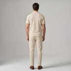 Model wearing waffle knit zip polo and trouser set in Beige – TARLANO