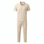Waffle Knit Zip Polo & Tapered Trouser Matching Set in Beige – Cruz