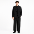 Model wearing three-piece notch lapel suit with vest in black – TARLANO