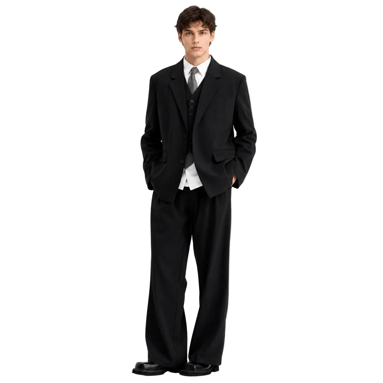 Model wearing black notch lapel 3-piece suit – TARLANO