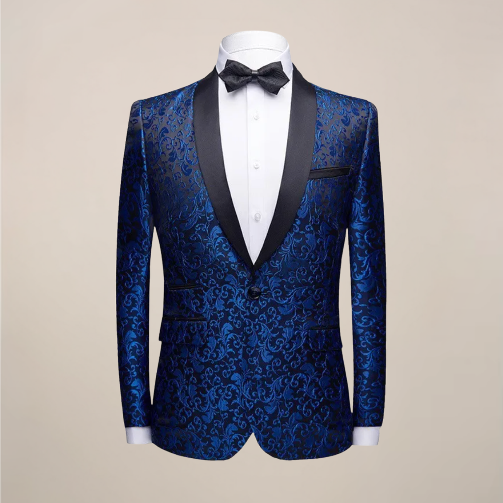 Embroidered tuxedo blazer in white with satin lapels – TARLANO