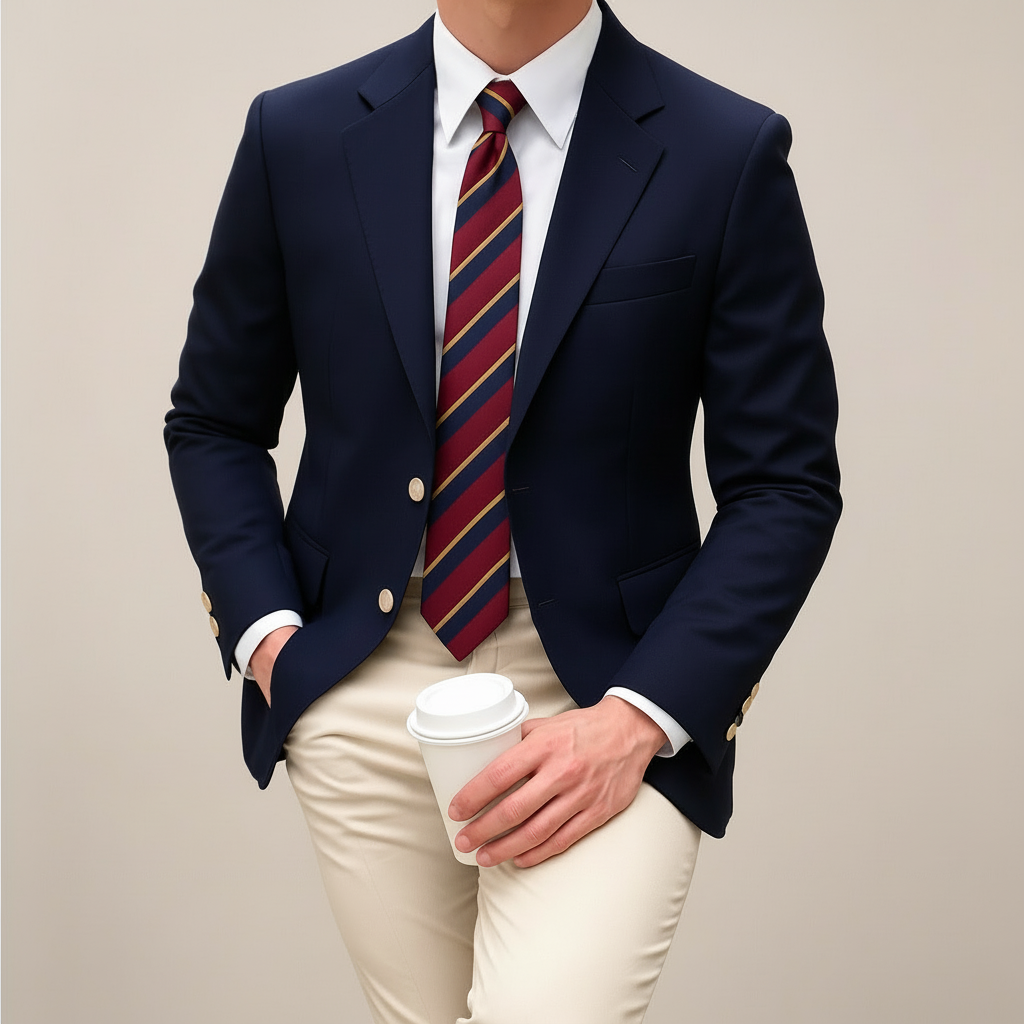 Model wearing dark blue single-breasted blazer with gold buttons – TARLANO
