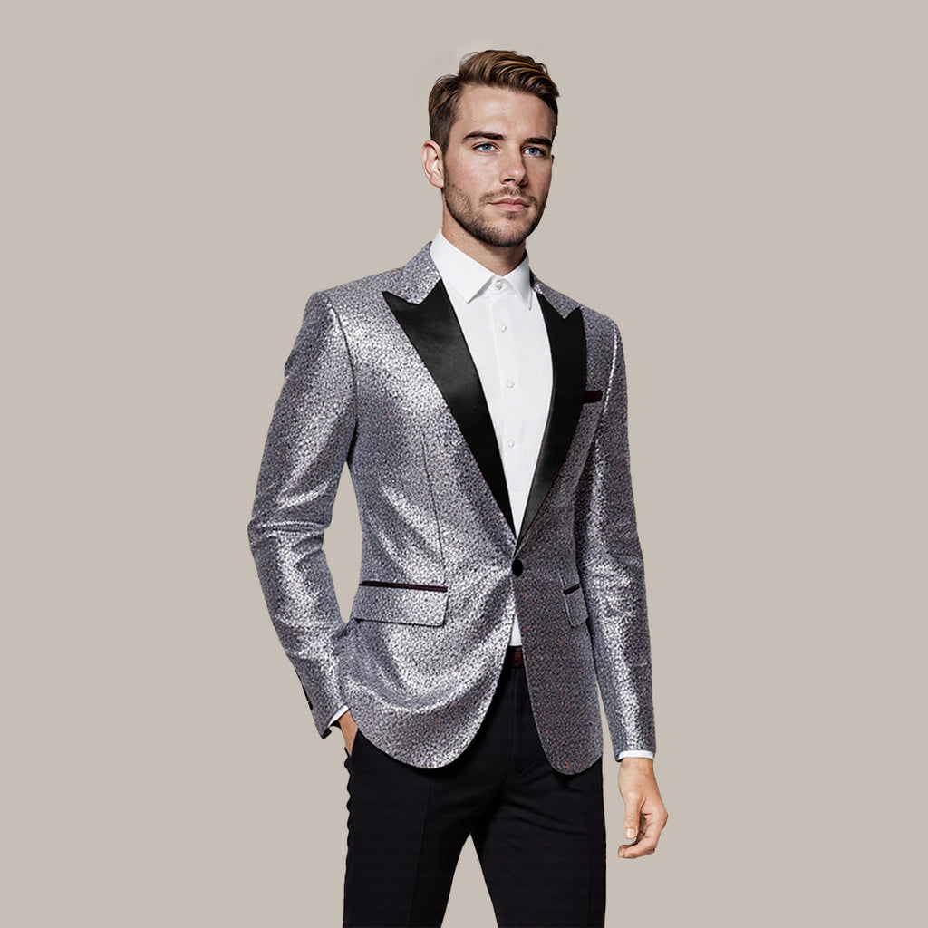 Silver sequin single-breasted blazer flat lay – TARLANO