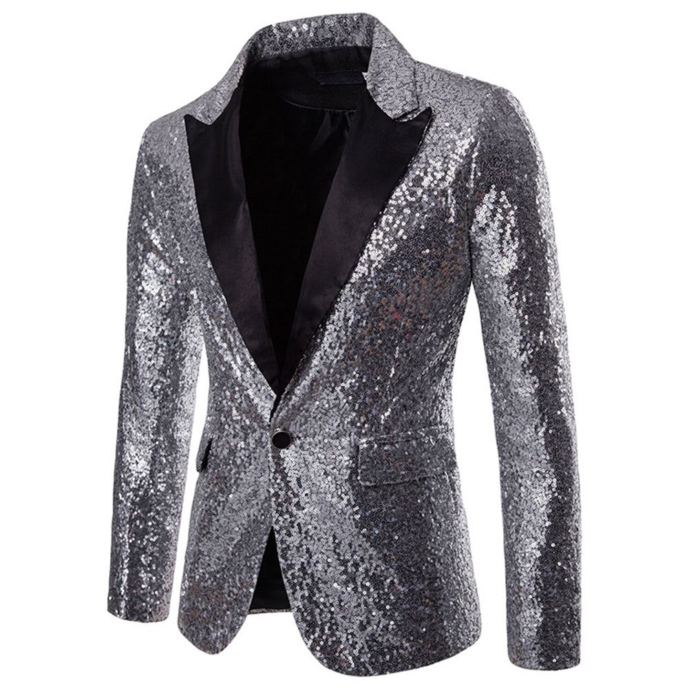 Model wearing silver sequin peaked lapel blazer – TARLANO