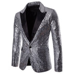 Model wearing silver sequin peaked lapel blazer – TARLANO