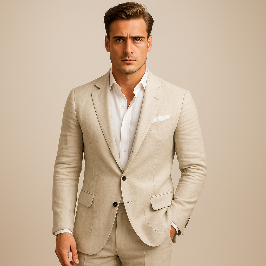Close-up of clean lapel and minimalist button detail on beige slim fit blazer – TARLANO