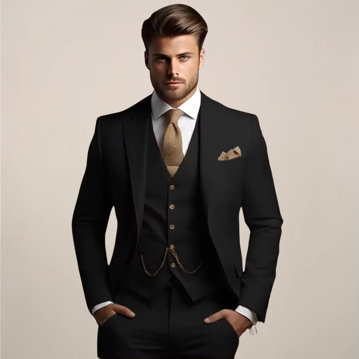 Three-piece slim fit suit jacket and waistcoat flat lay in black – TARLANO