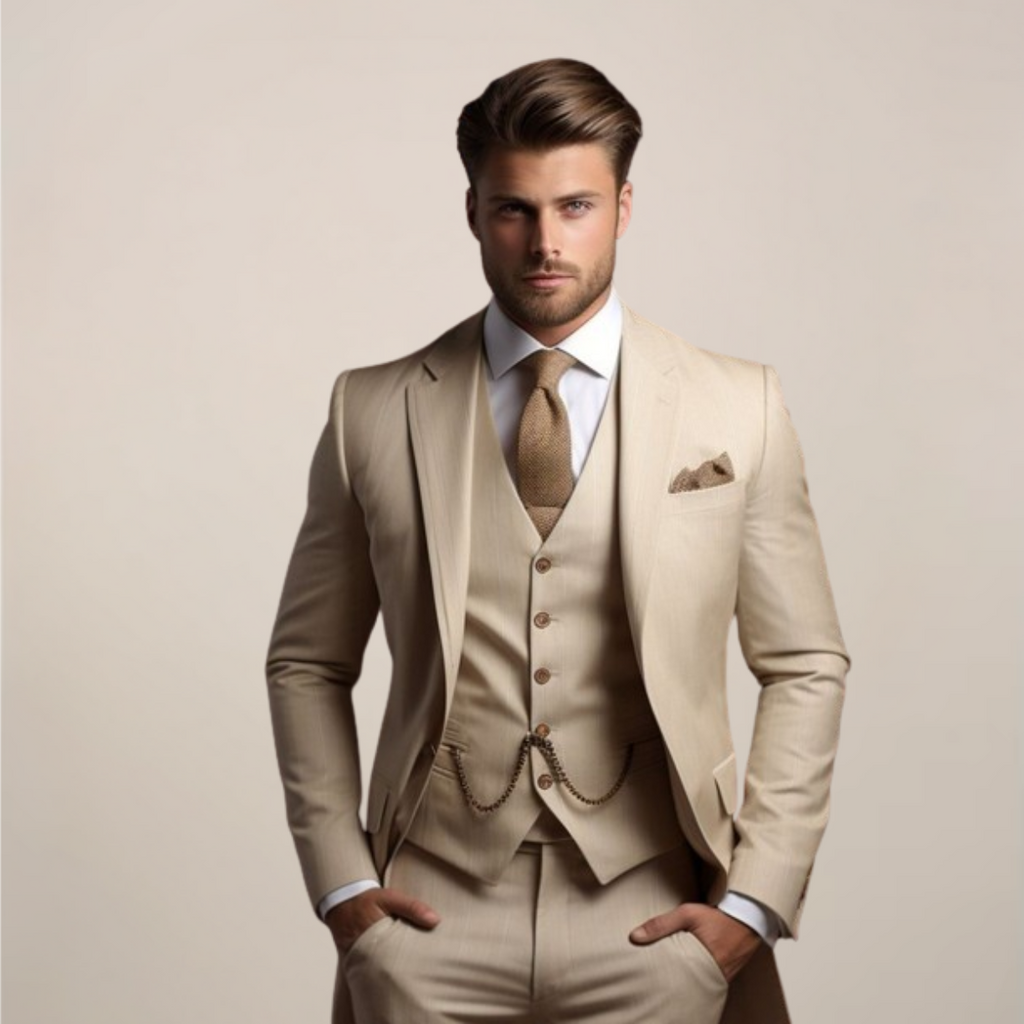 Model wearing black three-piece slim fit blazer set – TARLANO